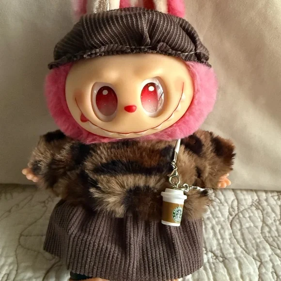 Labubu Leopard Print Sweater, Skirt w/ Hat Outfit + “Starbucks” Cup - Picture 2 of 8